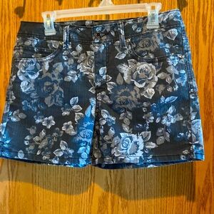 Faded Glory black washed denim shorts with floral pattern. Size 12.